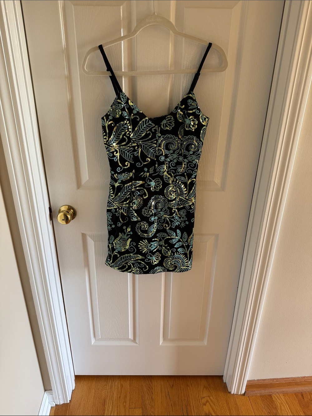 Cosmopolitan Black Slip Dress with Green and Light Blue Paisley